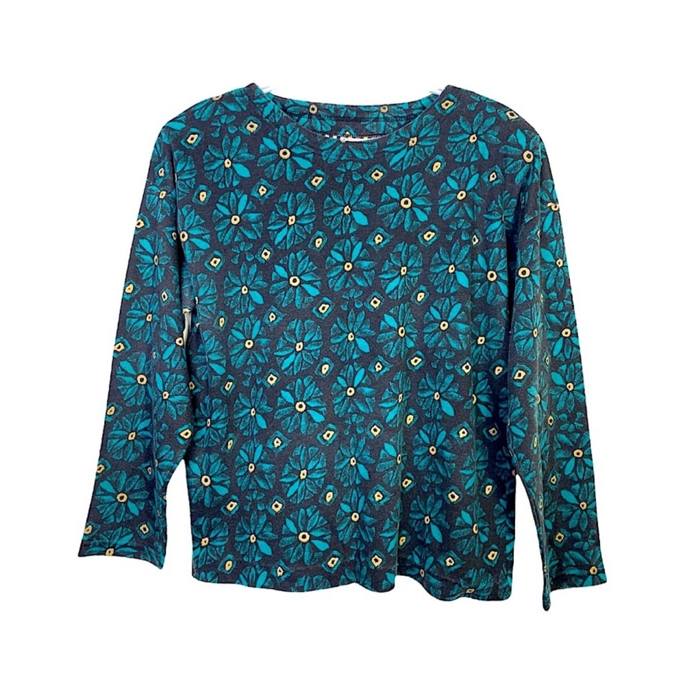 Vintage 80s Scoop Neck Jersey Knit Long Sleeve Top Floral Metallic Gold M
